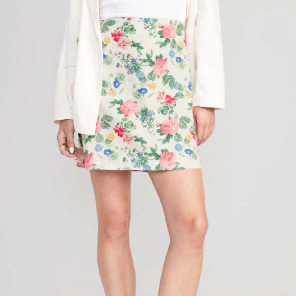 ⭐️ High-Waisted Linen-Blend Mini A-Line Floral Chic Glam Girly Hippie Mini Skirt